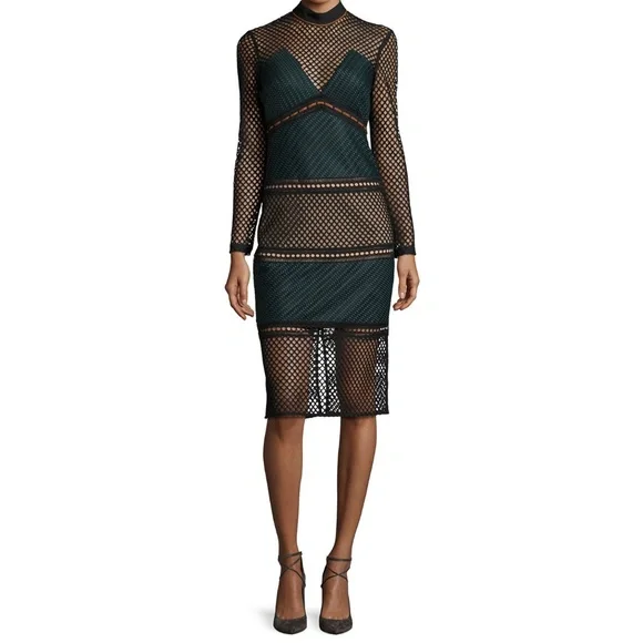 SELF-PORTRAIT Forest Green Fitted Lace Mesh Midi - Picture 2 of 4